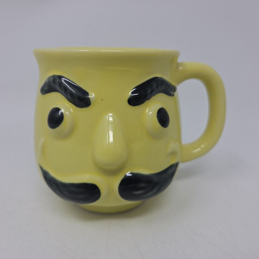 Vintage Funny Ugly Face Mustache Saver Mug Pottery Yellow Made In Japan Label